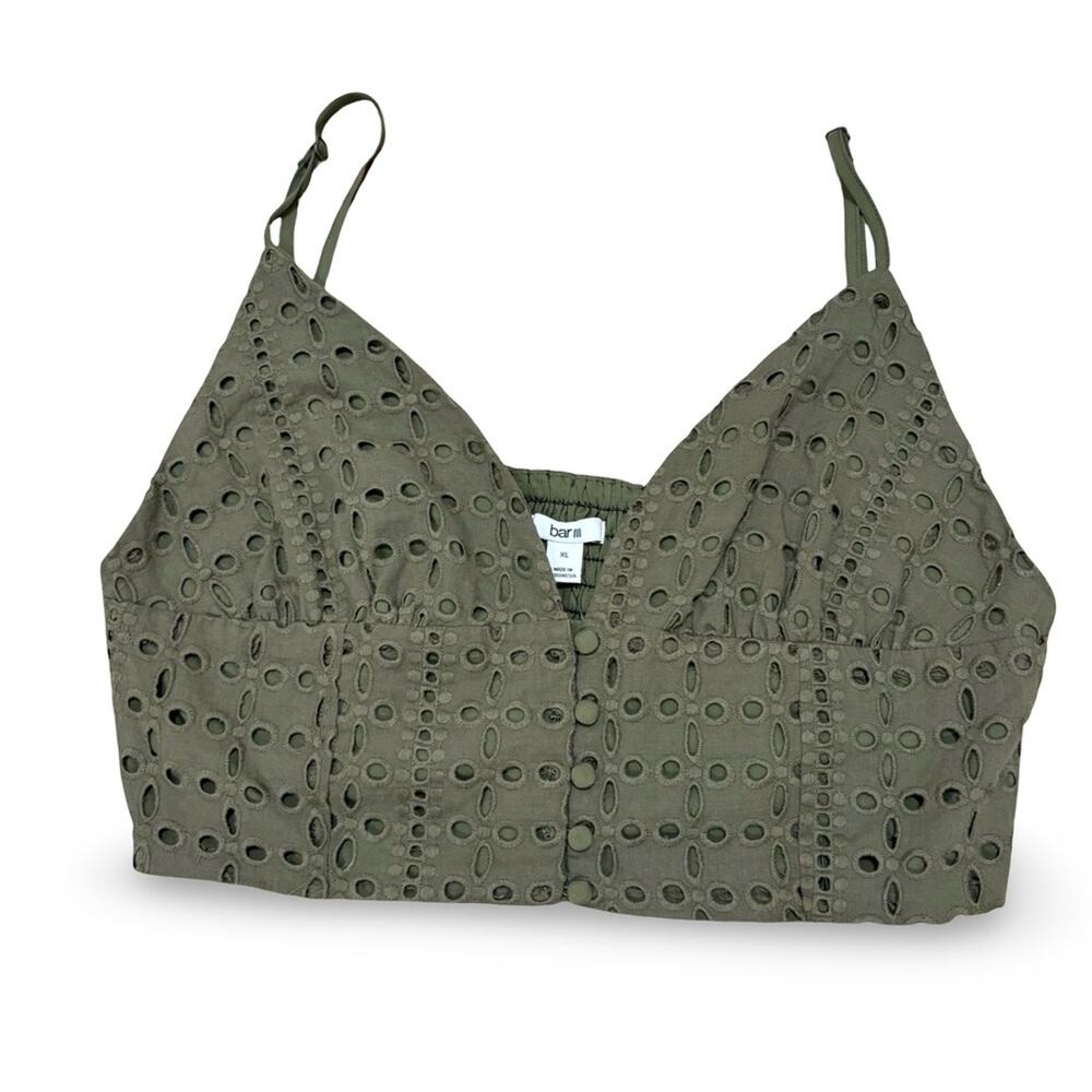Bar III Olive Green Eyelet Crop Top XL NWT Embroidered Cotton V-Neck Cami Tank